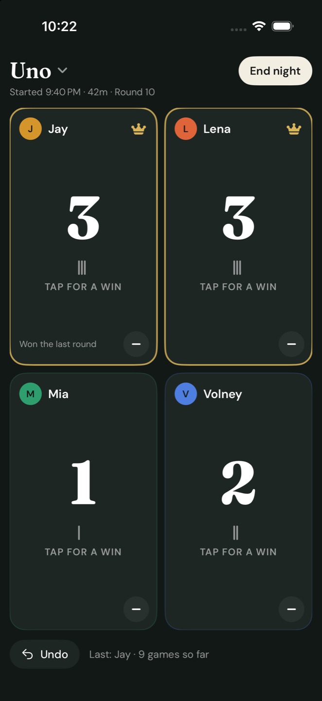 Live Uno game with a large tap-to-score tile for each player, crowns on the leaders, and an Undo button