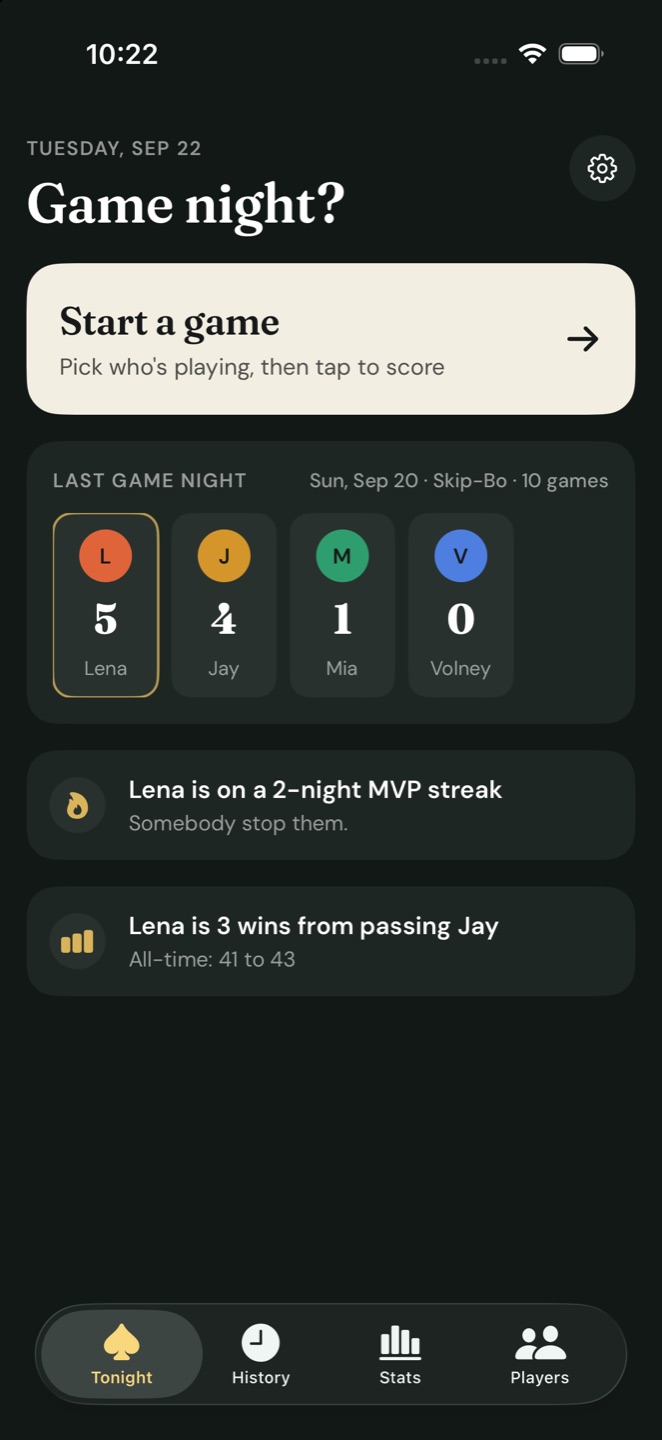 Tonight screen with a Start a game button, last game night's scores, and an MVP streak callout
