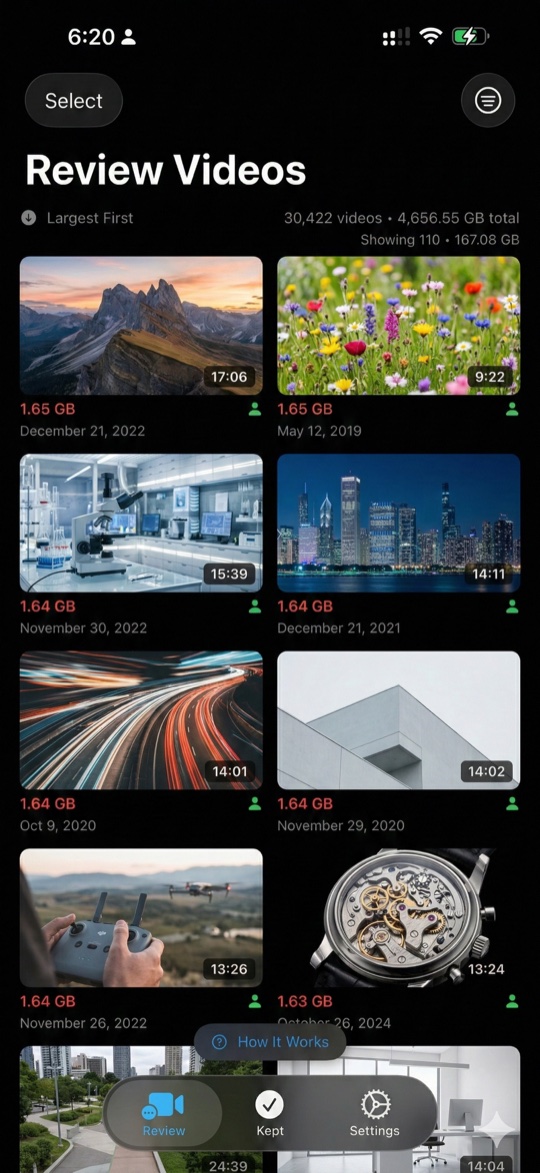 Review Videos screen