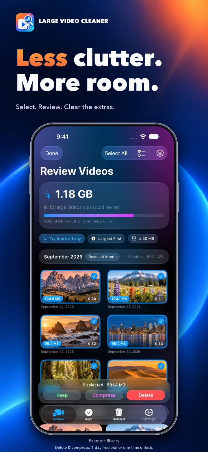 Select mode with six videos selected and Keep, Compress and Delete buttons