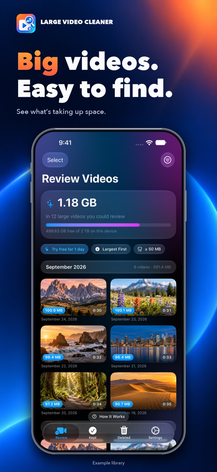 Review screen listing the largest videos first, with a storage summary