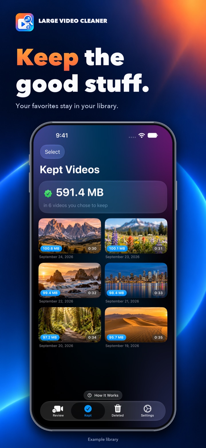Kept Videos screen showing videos marked to keep