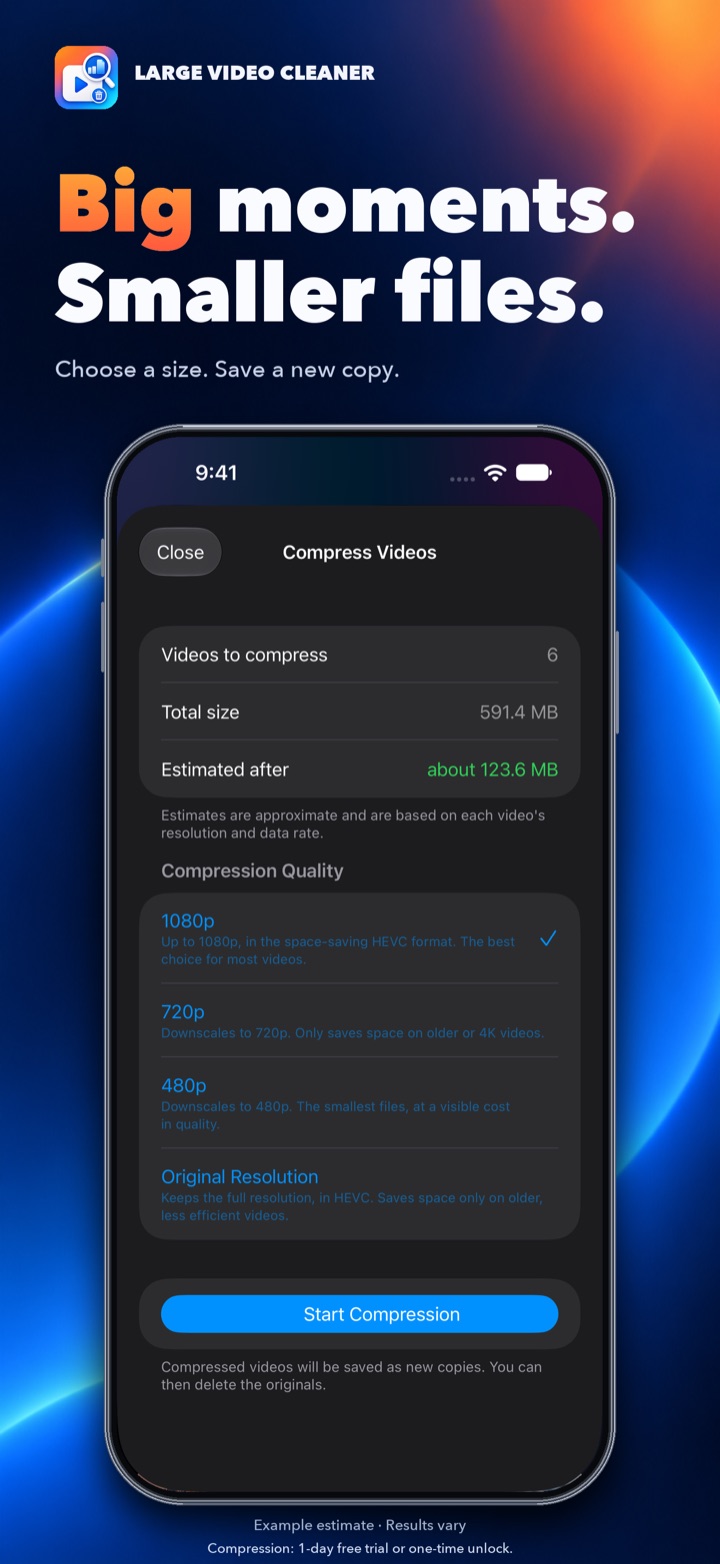 Compress Videos screen with an estimated size after compression