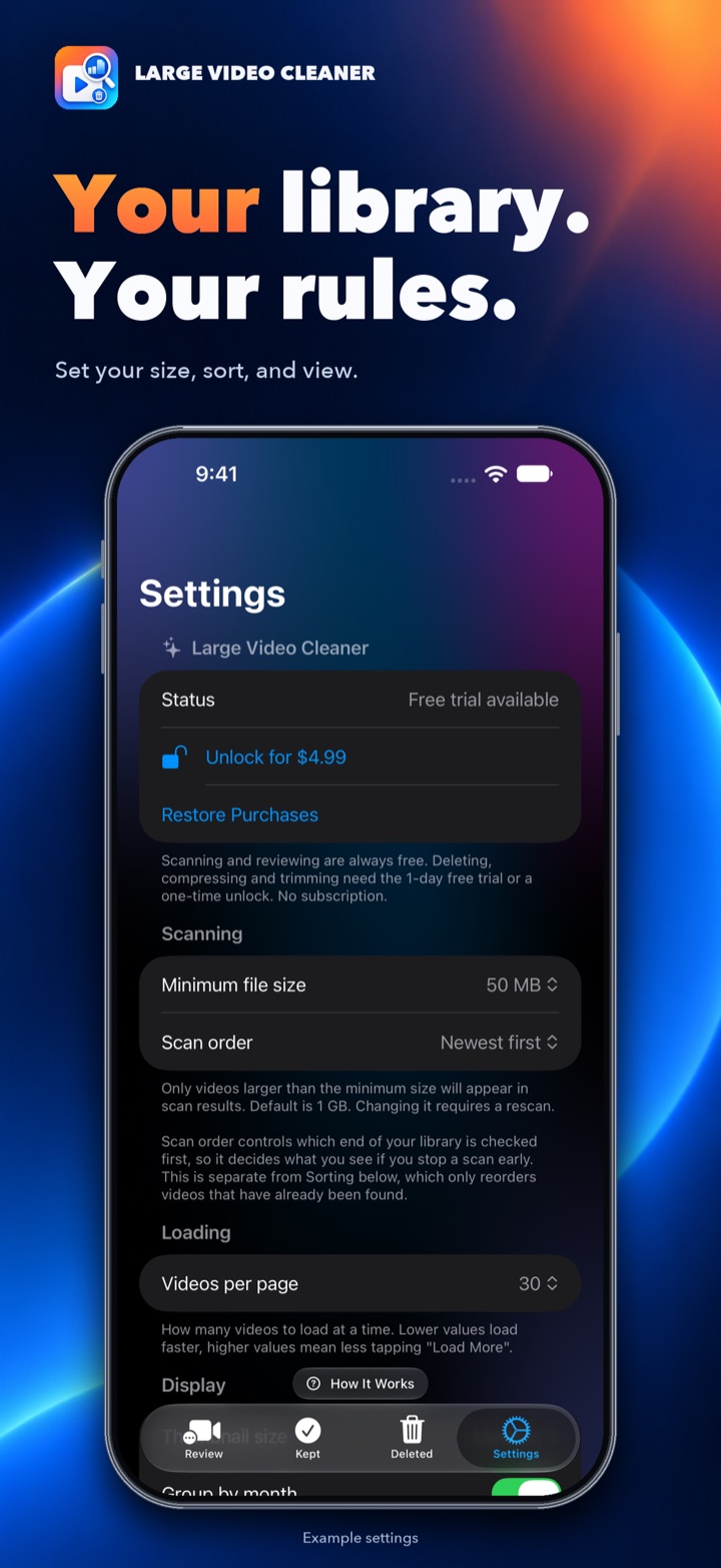 Settings screen with the unlock section, scanning and display options