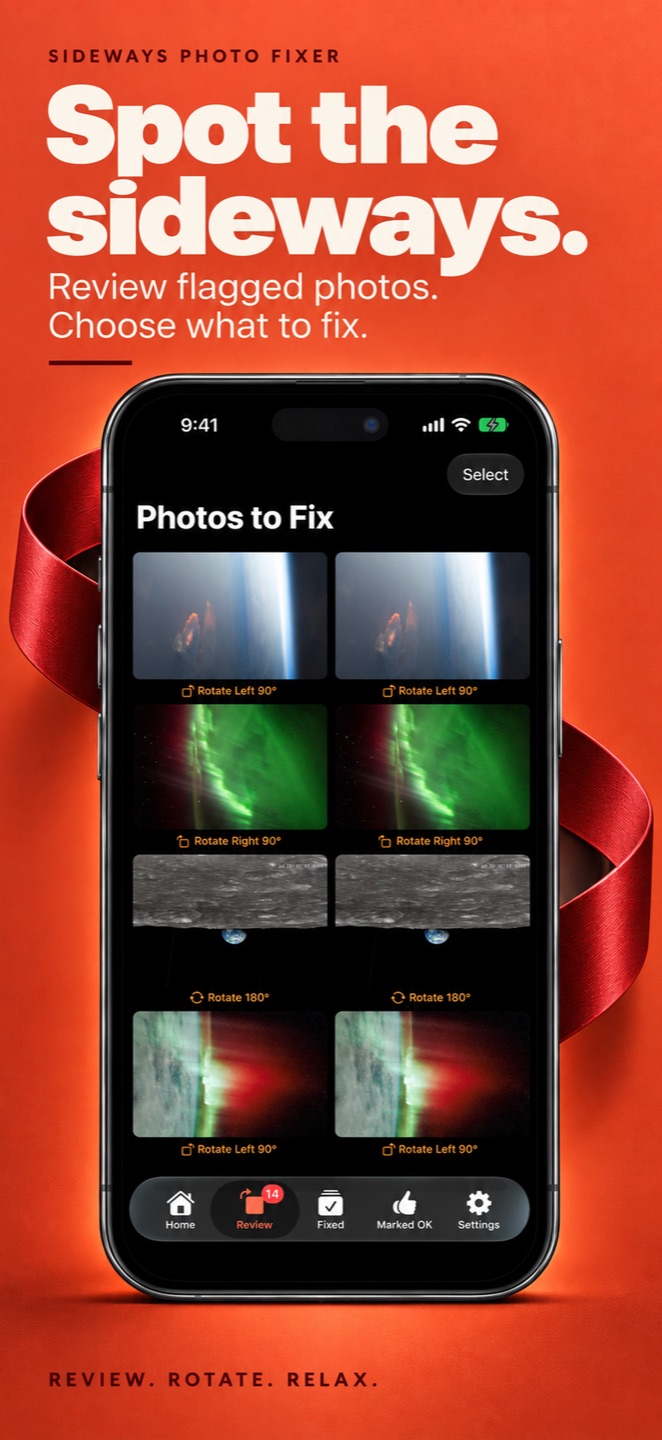 Spot the sideways. Review grid of flagged sideways and upside-down photos