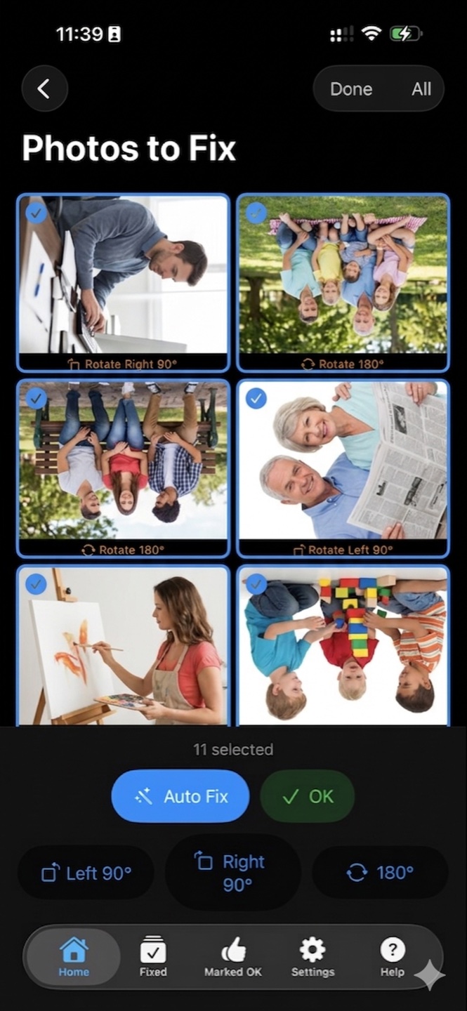 Photos to Fix grid of flagged sideways and upside-down photos with Auto Fix and rotation controls