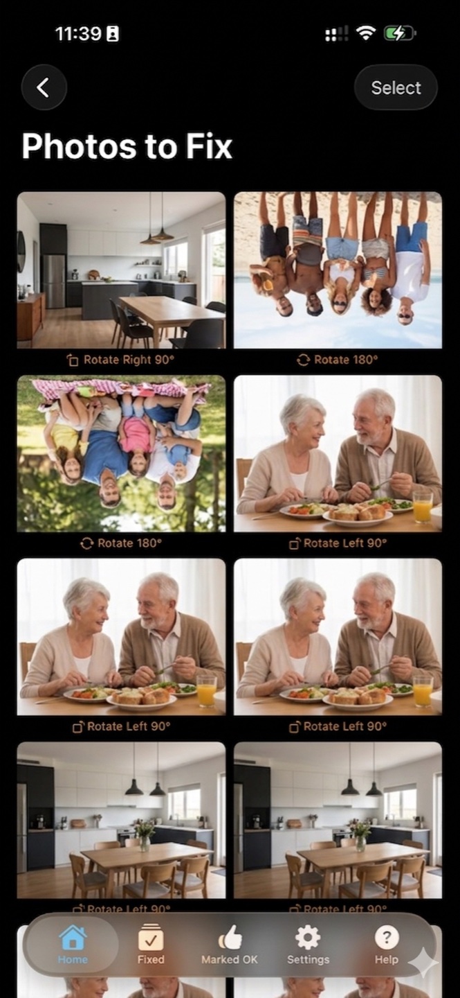 Suggested rotation fixes labeled on each flagged photo