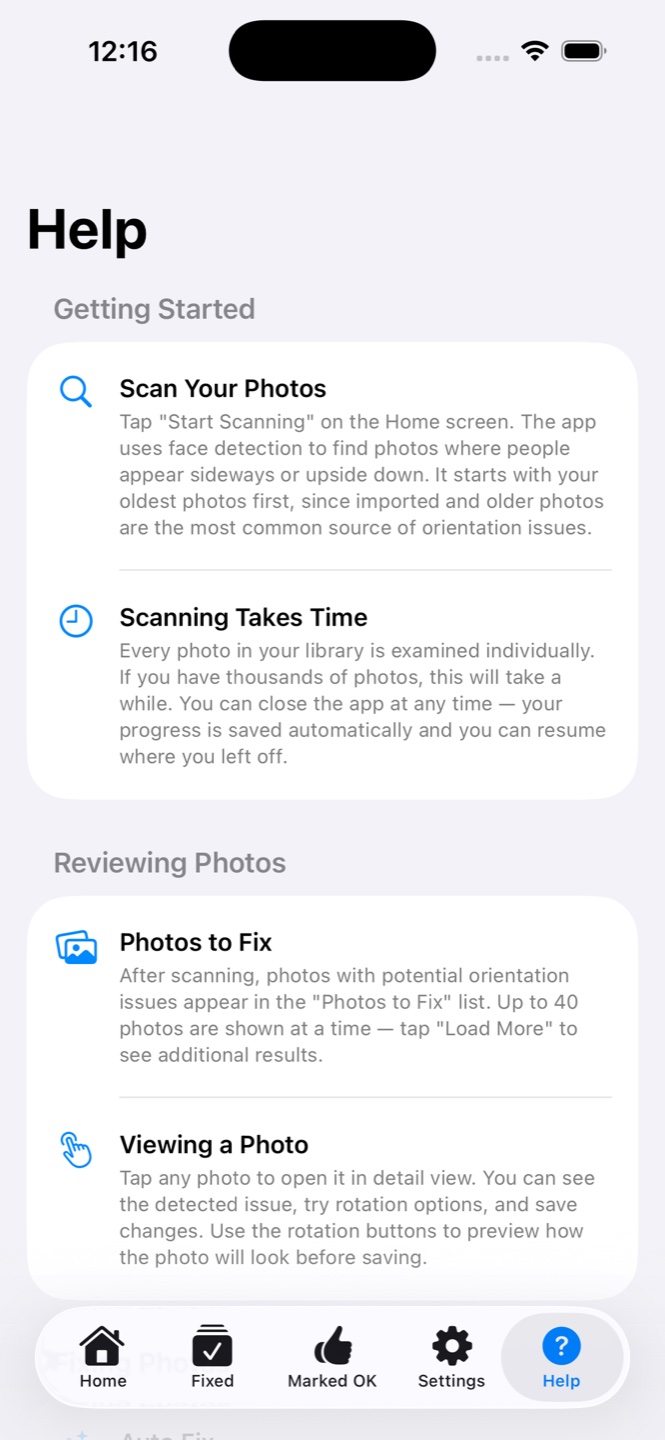 Getting Started help guide explaining scanning and reviewing photos
