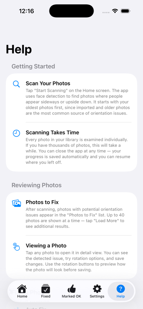 Getting Started help guide explaining scanning and reviewing photos