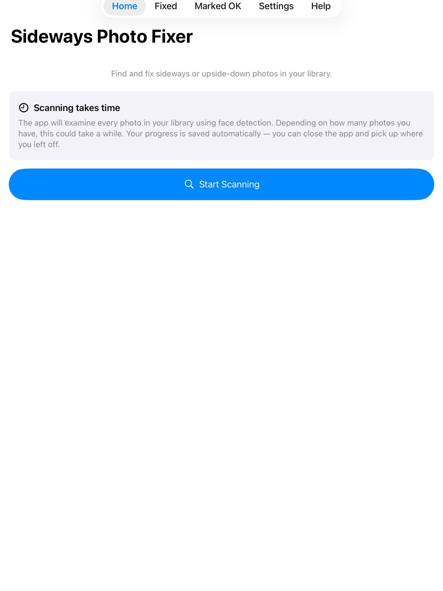 Sideways Photo Fixer running on iPad