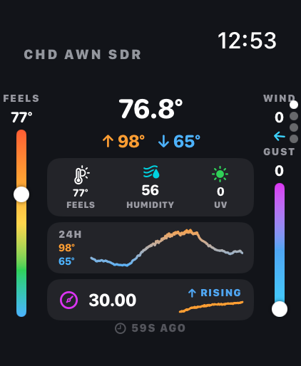Zasder Weather on Apple Watch Ultra: temperature, the day's high and low, a 24 hour curve, pressure trend, feels like and wind gauges